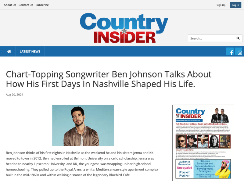 Chart-Topping Songwriter Ben Johnson Talks About How His First Days In Nashville Shaped His&nbsp;Life.